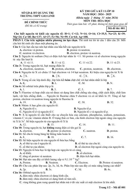 Đề thi Giữa kì 1 Hóa học 10 năm 2024-2025 trường THPT Gio Linh (Quảng Trị)